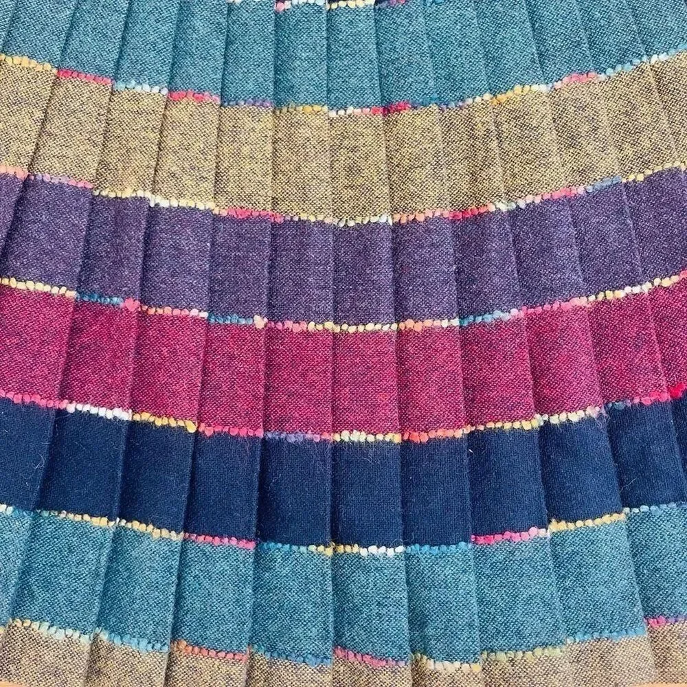 Vintage 1980s Wool Tweed Pleated Rainbow Striped Mini Skirt